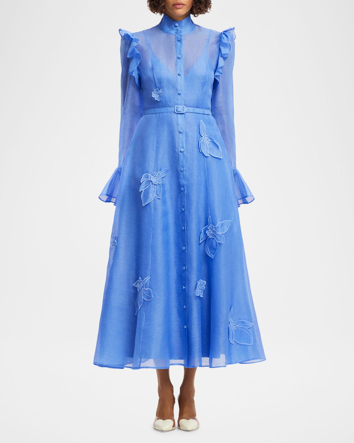 LEO LIN Katrina Applique Butterfly-Sleeve Belted Midi Dress