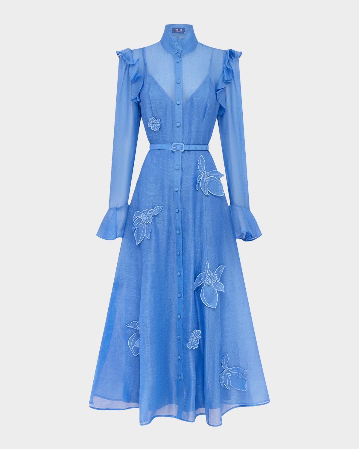 LEO LIN Katrina Applique Butterfly-Sleeve Belted Midi Dress
