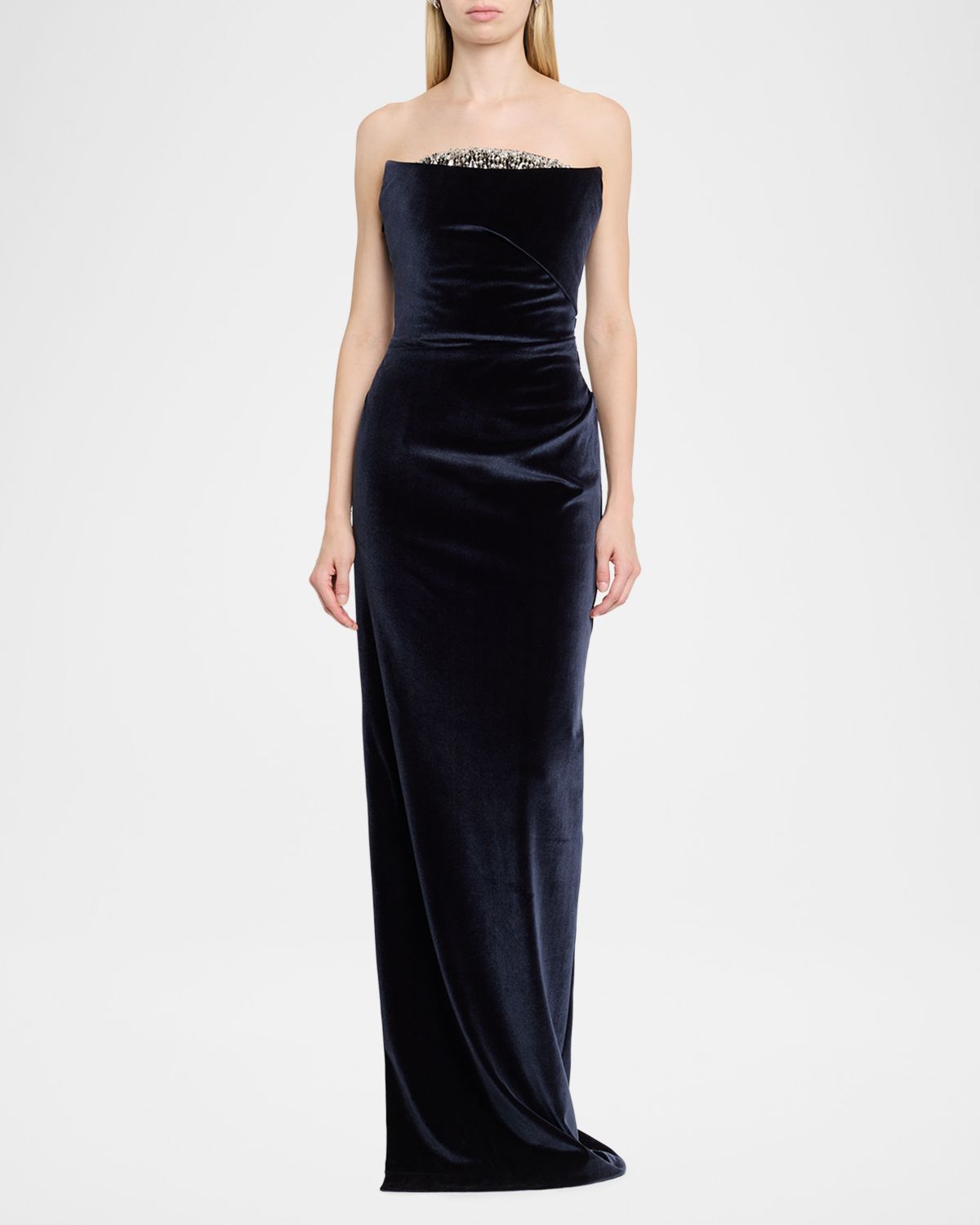 Pamella Roland Strapless Crystal Embellished Velvet Column Gown