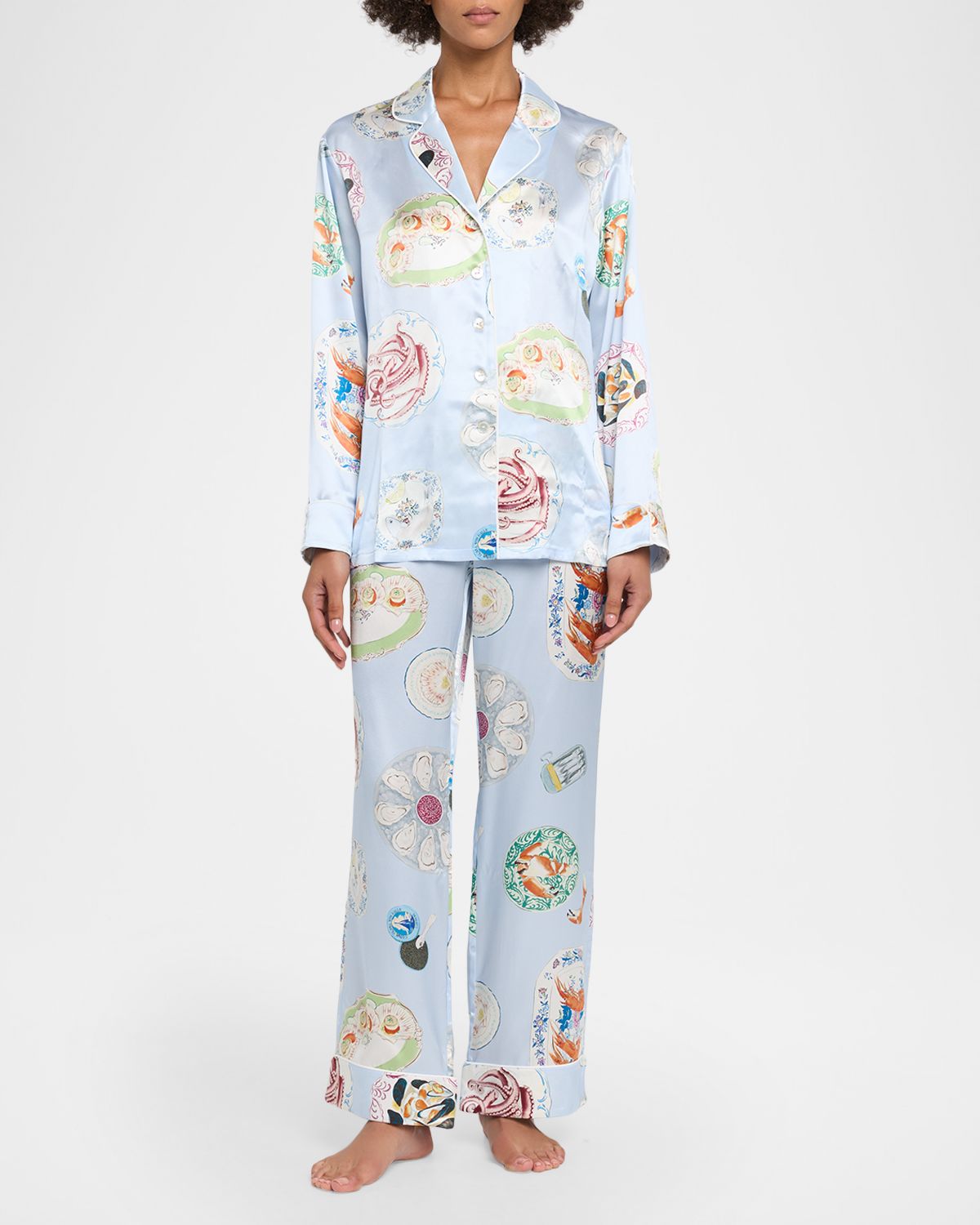 Olivia von Halle Lila Cadiz Seafood-Print Silk Satin Pajama Set