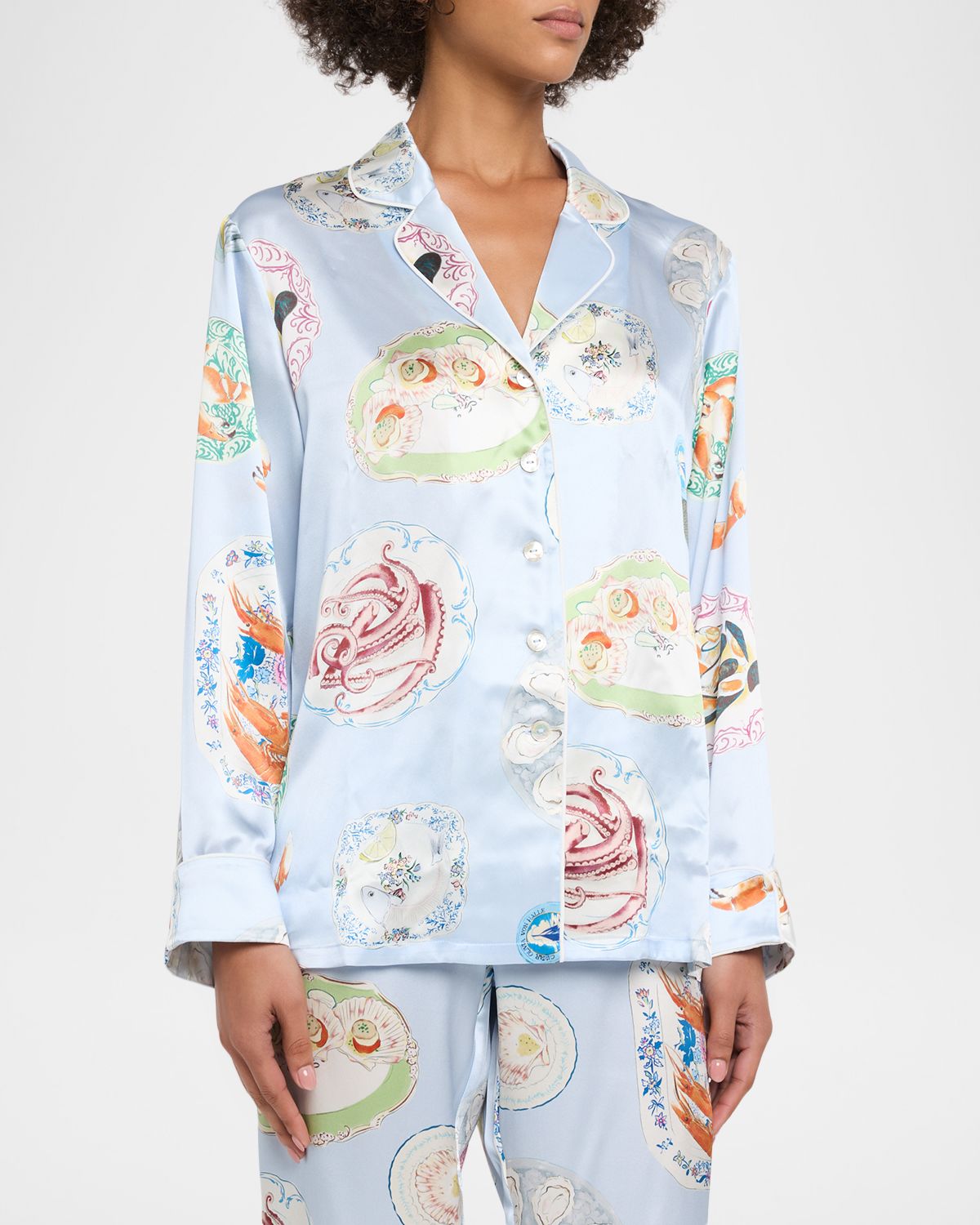 Olivia von Halle Lila Cadiz Seafood-Print Silk Satin Pajama Set | Thumbnail 4