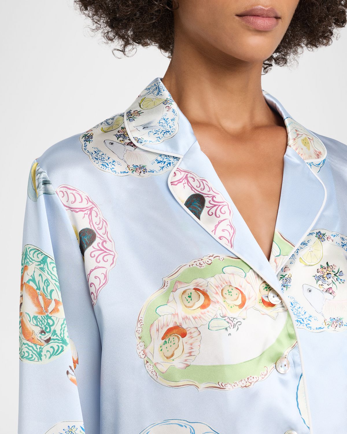 Olivia von Halle Lila Cadiz Seafood-Print Silk Satin Pajama Set | Thumbnail 5
