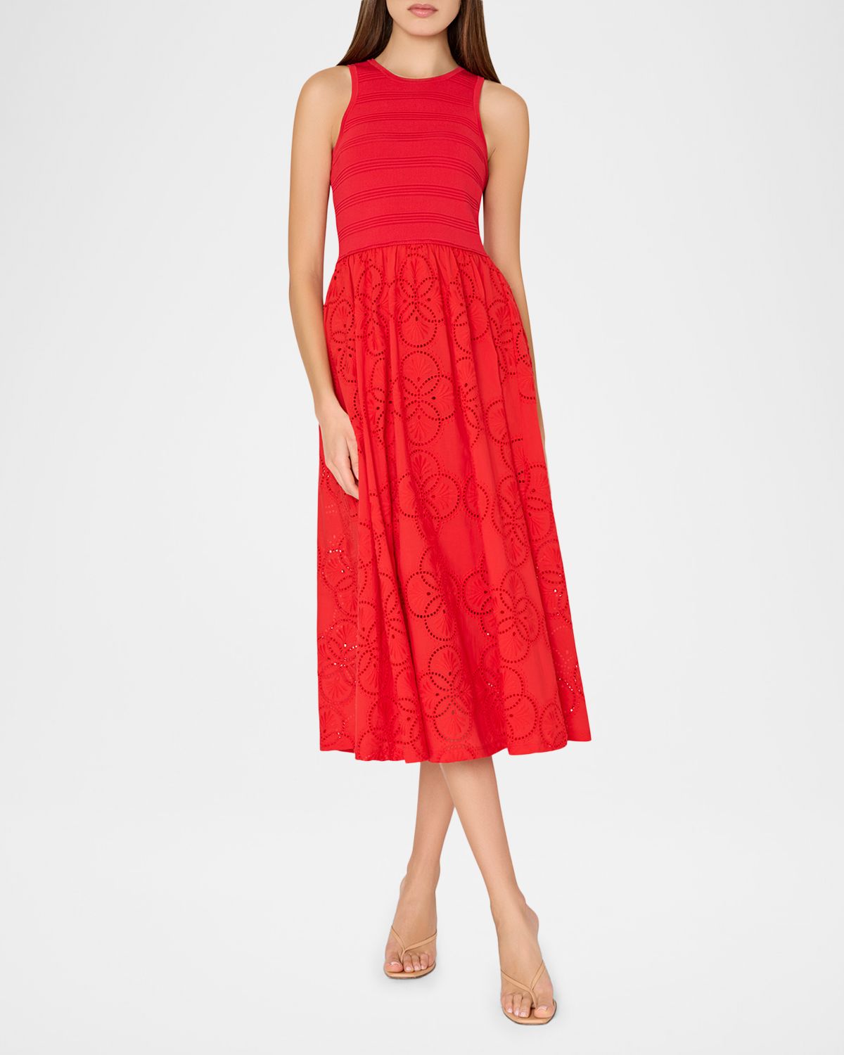 Milly Eyelet-Embroidered Mixed Media Midi Dress | Thumbnail 4