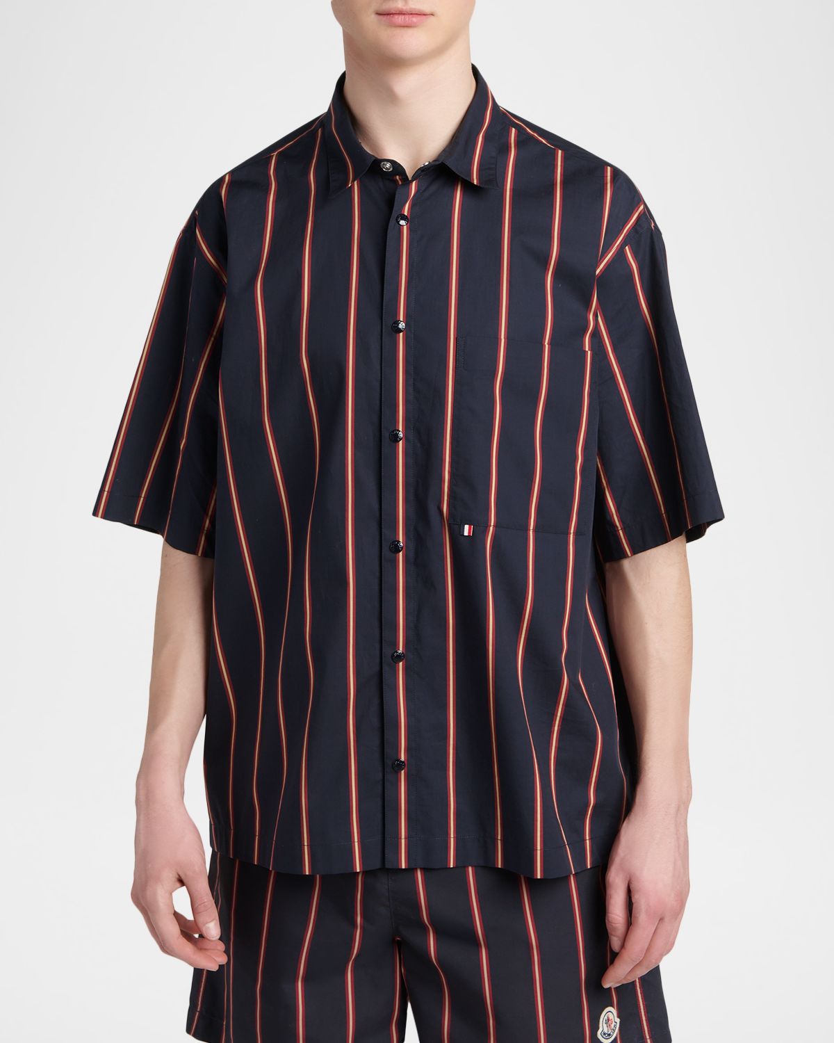 Moncler Men 's Striped Cotton Short-Sleeve Shirt | Thumbnail 4 Moncler Men 's Striped Cotton Short-Sleeve Shirt | Thumbnail 4