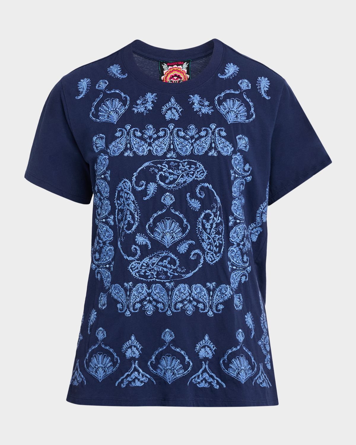 Johnny Was Paisley-Embroidered Cotton Tee