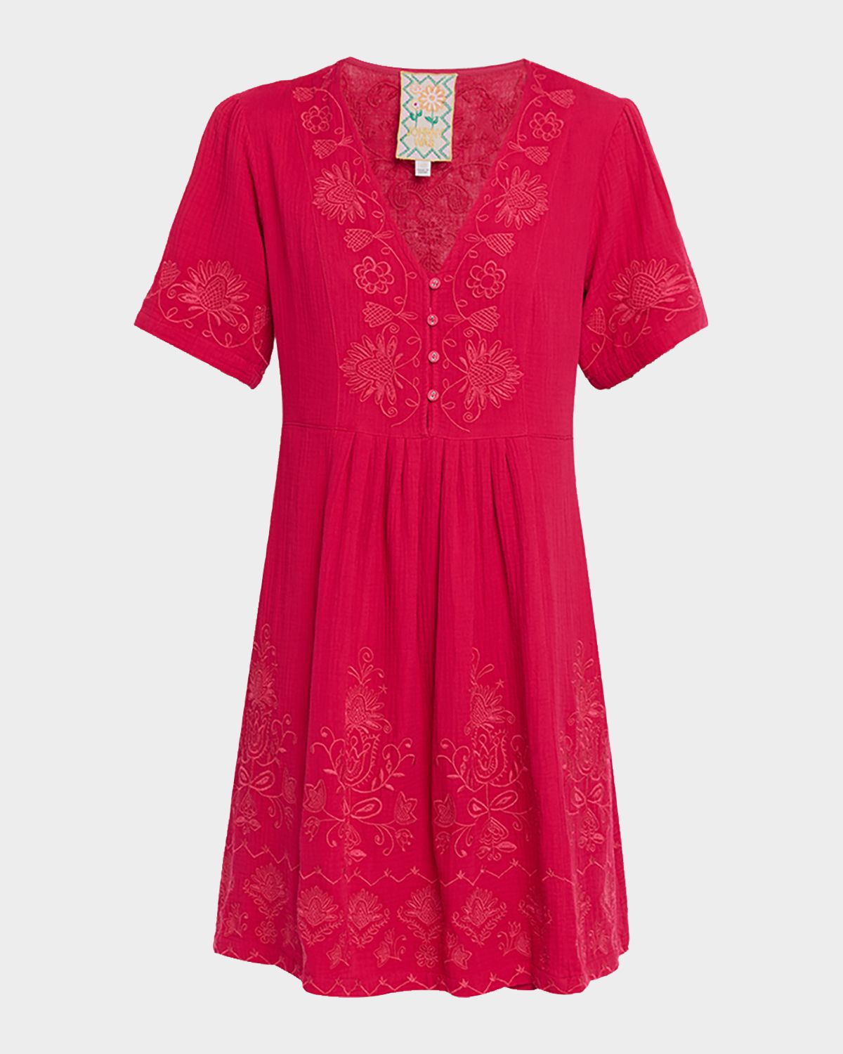 Johnny Was Floral-Embroidered Cotton Gauze Dress