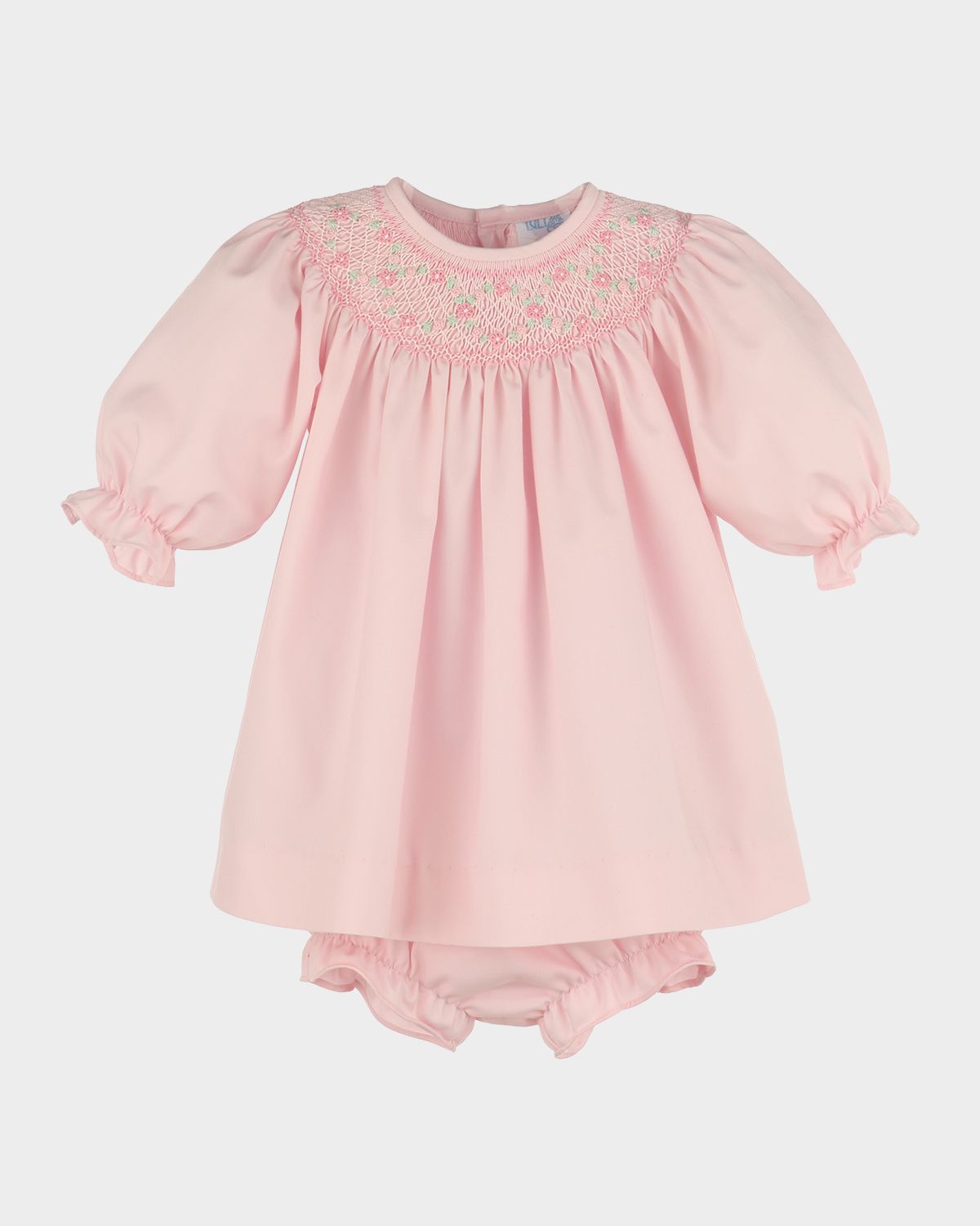 Luli & Me Girl 's Holly Berry Smocked Bishop Dress & Bloomers Set, Size NB-18M