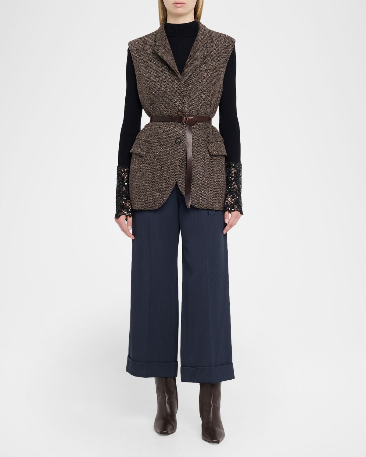 Brunello Cucinelli Wool-Blend Herringbone Belted Vest | Thumbnail 2