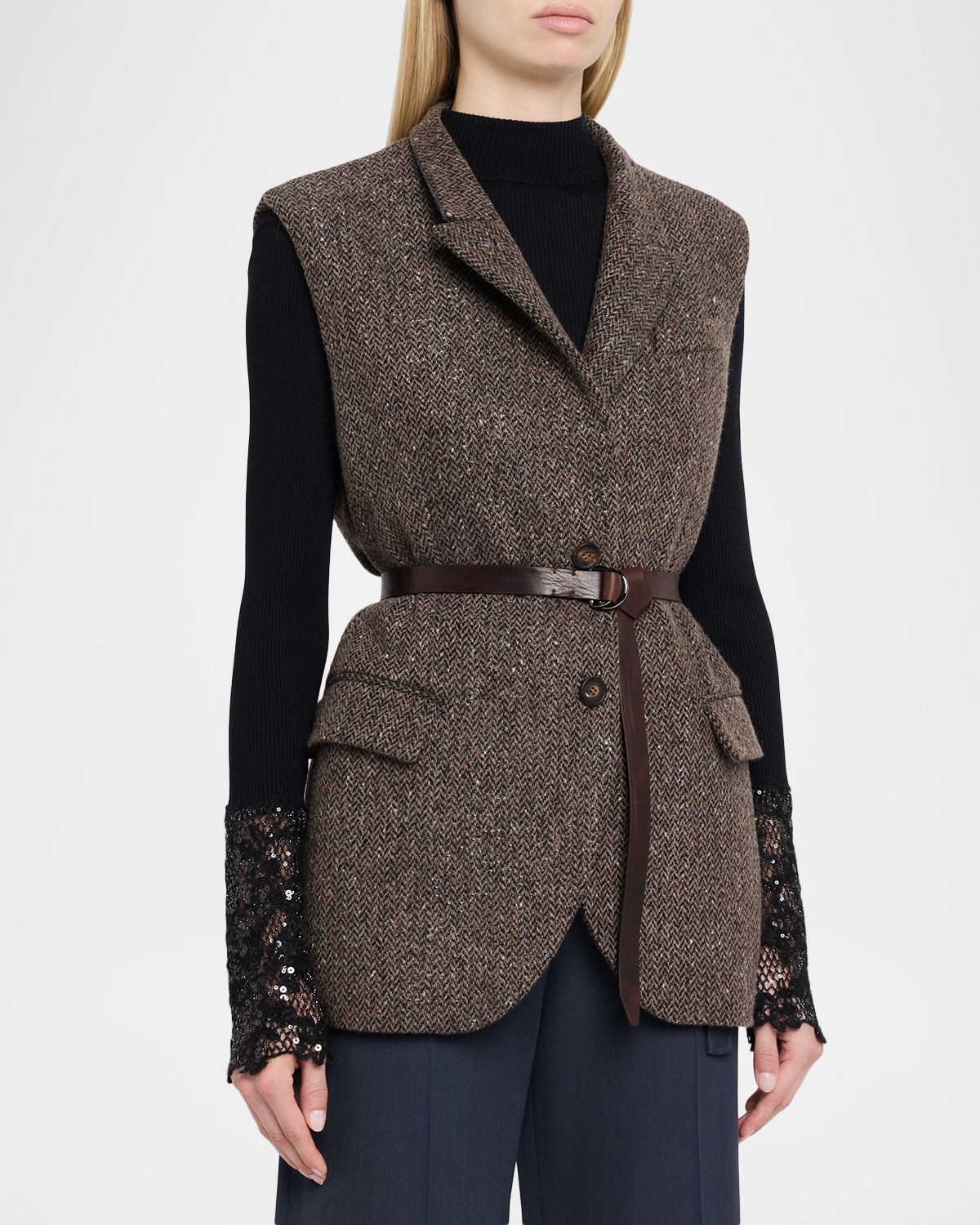 Brunello Cucinelli Wool-Blend Herringbone Belted Vest | Thumbnail 4