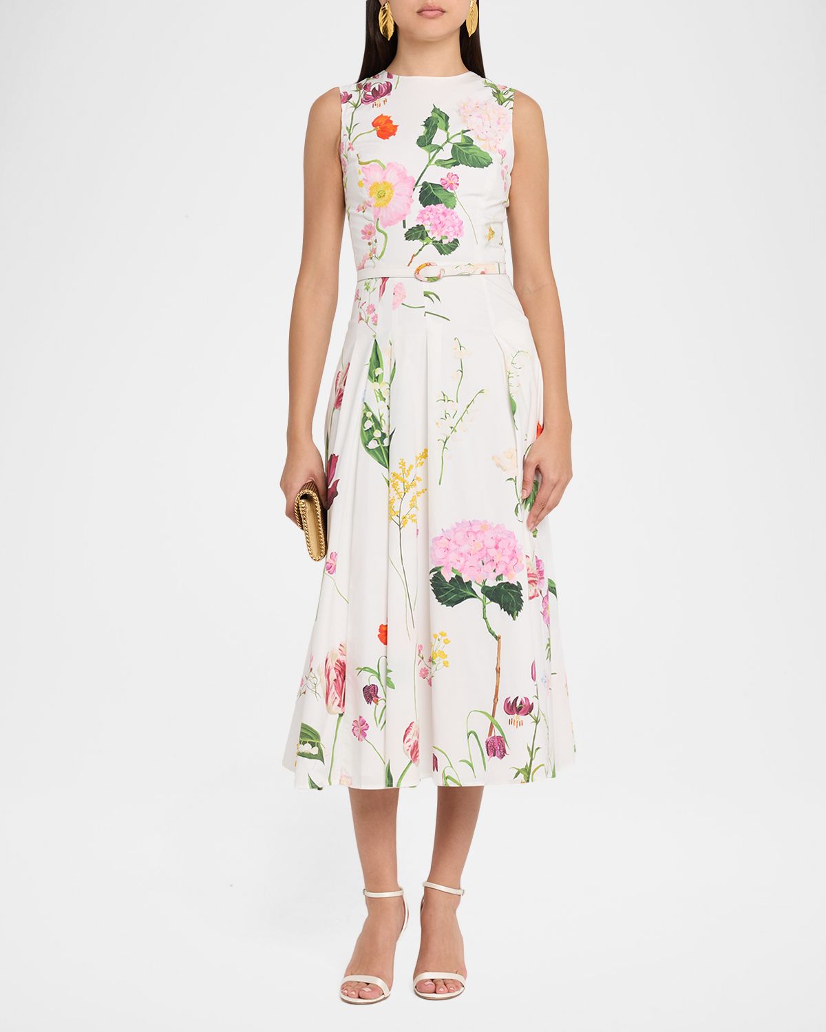 Oscar de la Renta Sleeveless Mixed Botanical Pleated Midi Day Dress With Belt | Thumbnail 5 Oscar de la Renta Sleeveless Mixed Botanical Pleated Midi Day Dress With Belt | Thumbnail 5