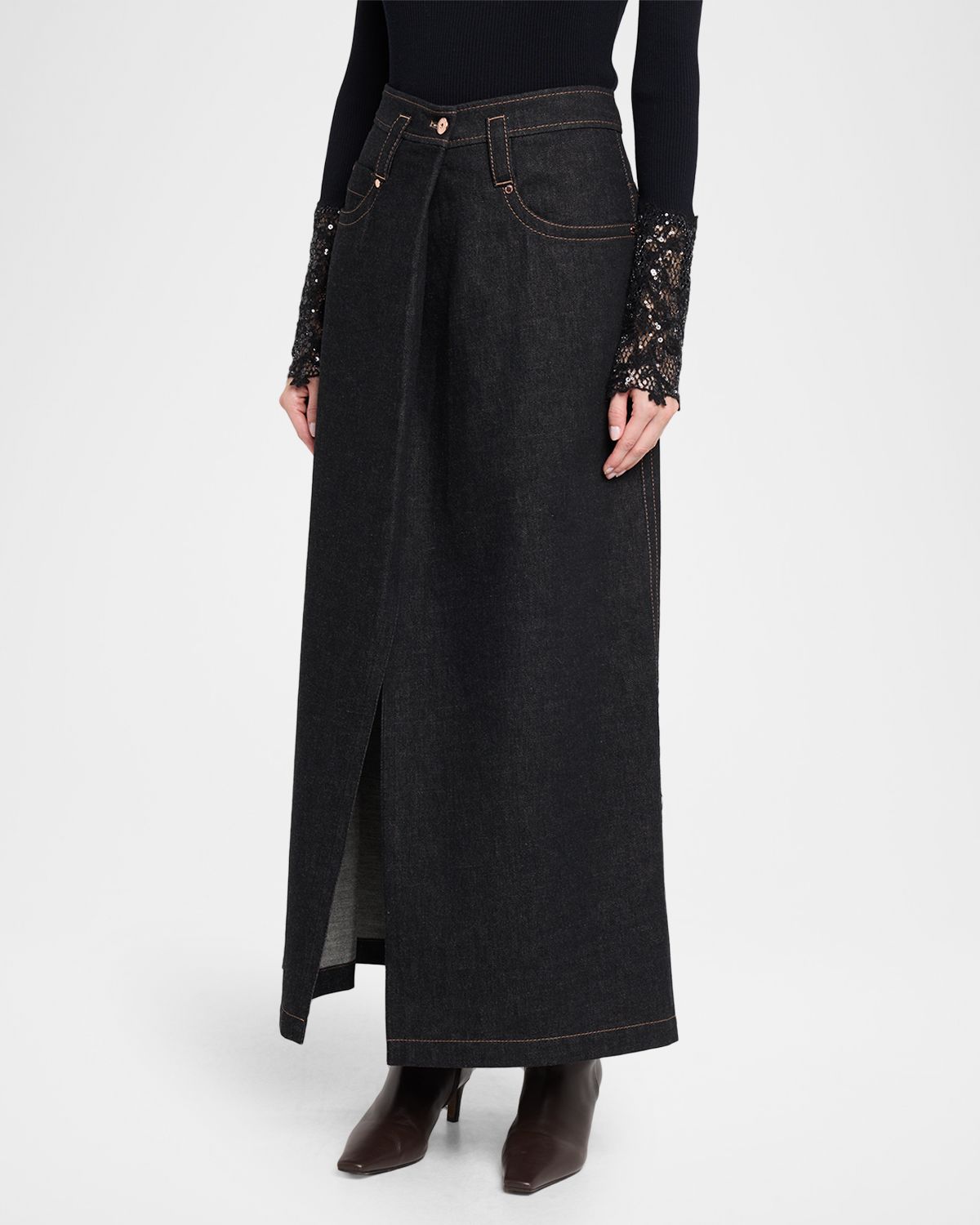 Brunello Cucinelli Denim A-Line Slit Maxi Skirt | Thumbnail 4