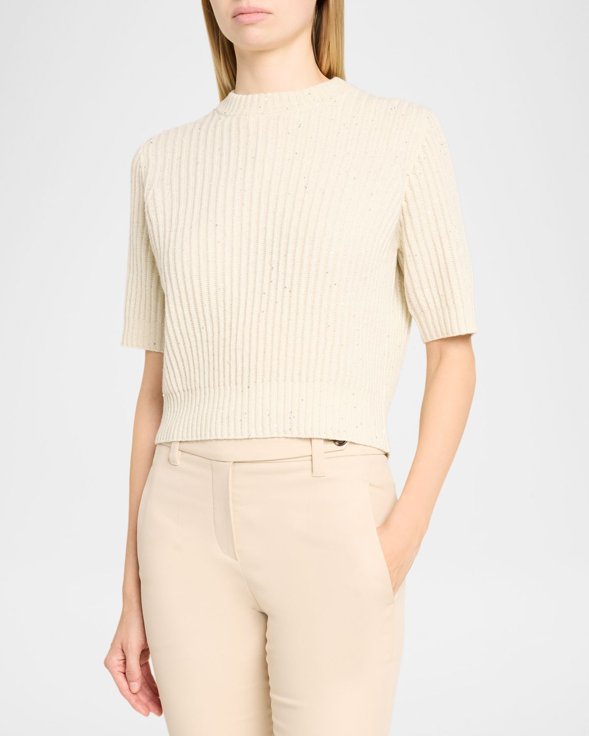 Brunello Cucinelli Paillette Cashmere-Wool Short-Sleeve Sweater | Thumbnail 4 Brunello Cucinelli Paillette Cashmere-Wool Short-Sleeve Sweater | Thumbnail 4