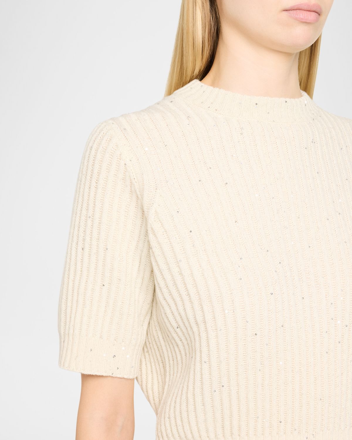 Brunello Cucinelli Paillette Cashmere-Wool Short-Sleeve Sweater | Thumbnail 5 Brunello Cucinelli Paillette Cashmere-Wool Short-Sleeve Sweater | Thumbnail 5