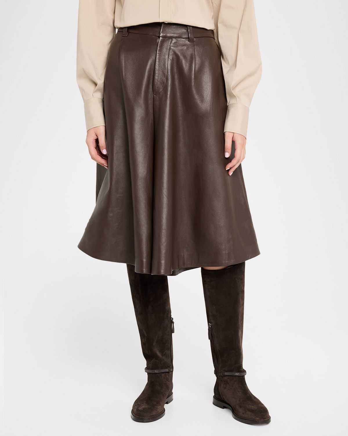 Brunello Cucinelli Leather Wide-Leg Culotte Pants | Thumbnail 4