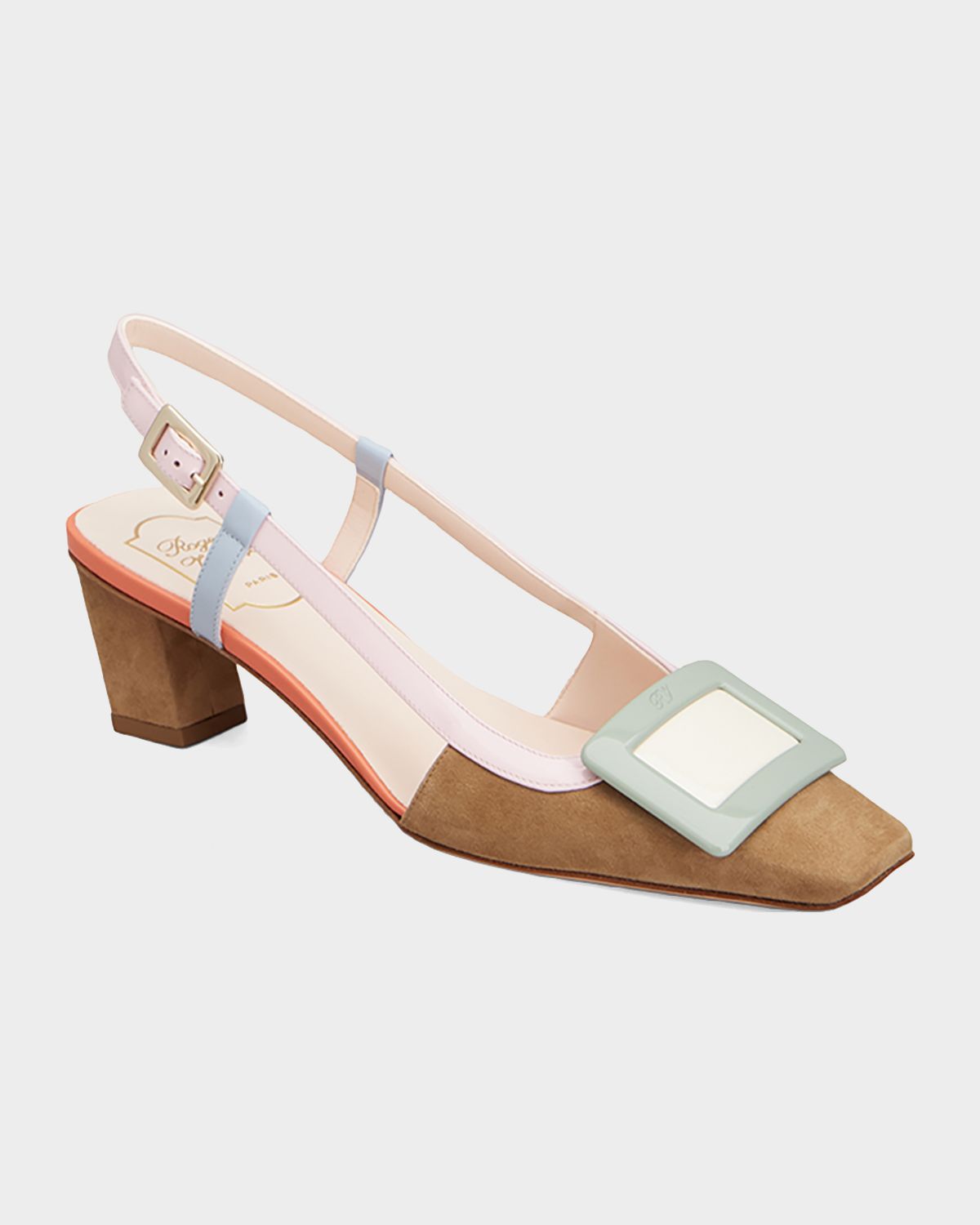 Roger Vivier 45mm Belle Vivier Patent Leather and Suede Lacquered Buckle Slingback Pumps | Thumbnail 6