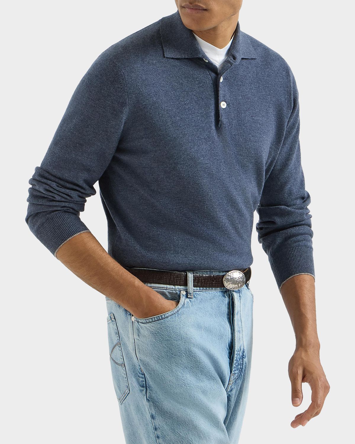 Brunello Cucinelli Men 's Cashmere Knit Long-Sleeve Polo Shirt | Thumbnail 6 Brunello Cucinelli Men 's Cashmere Knit Long-Sleeve Polo Shirt | Thumbnail 6