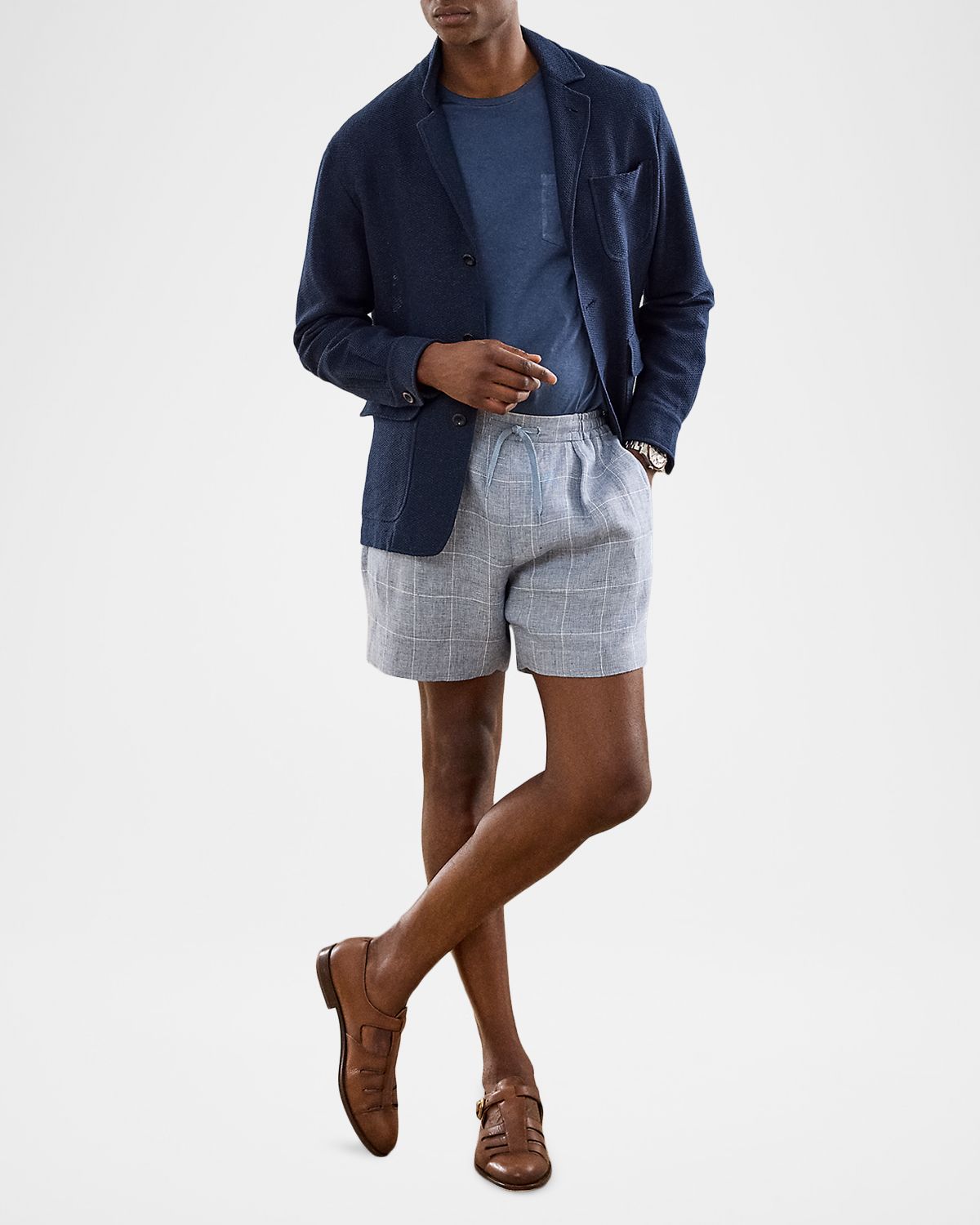 Ralph Lauren Purple Label Men 's Hand-Tailored Windowpane Plaid Linen Drawstring Shorts | Thumbnail 2