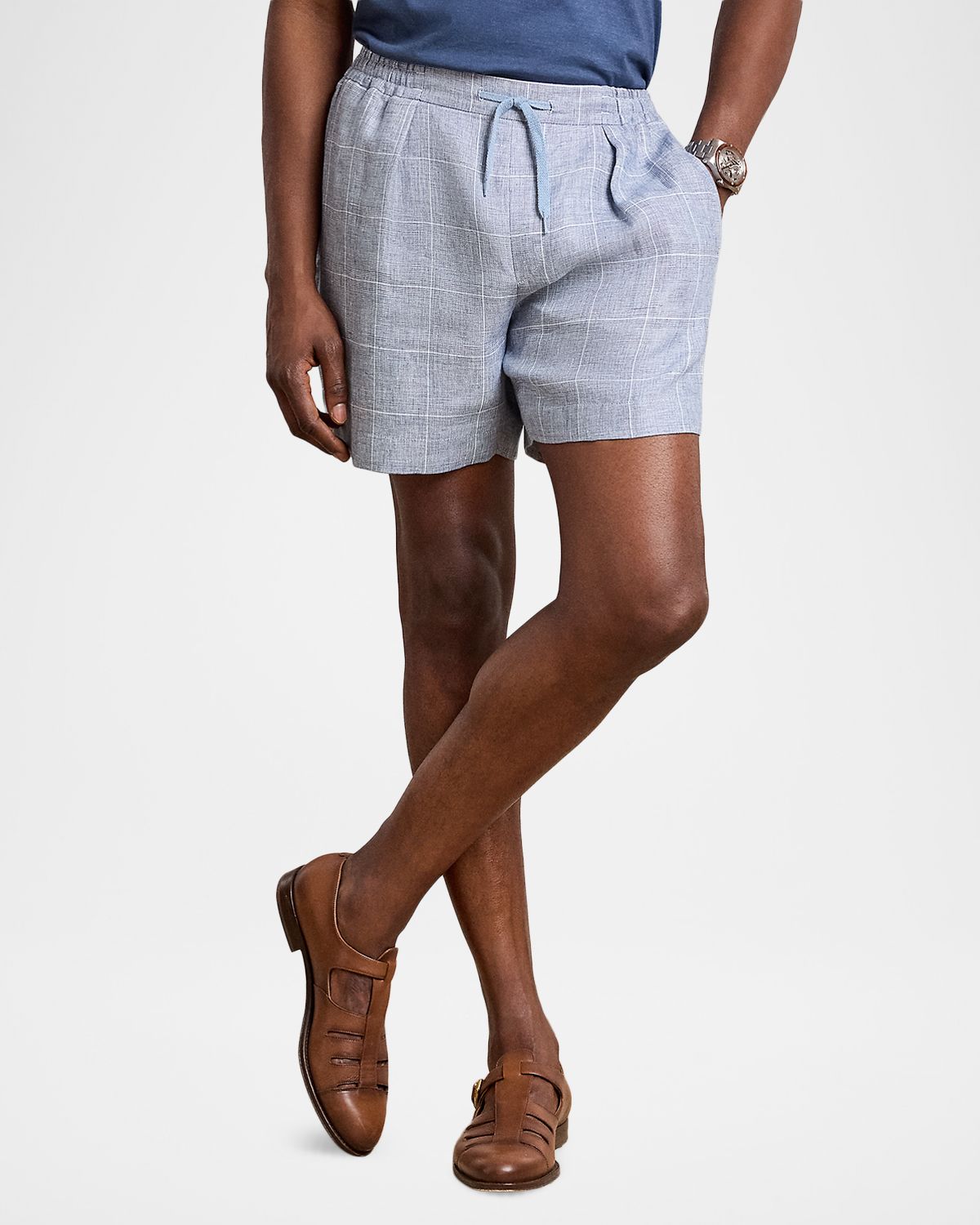 Ralph Lauren Purple Label Men 's Hand-Tailored Windowpane Plaid Linen Drawstring Shorts | Thumbnail 4