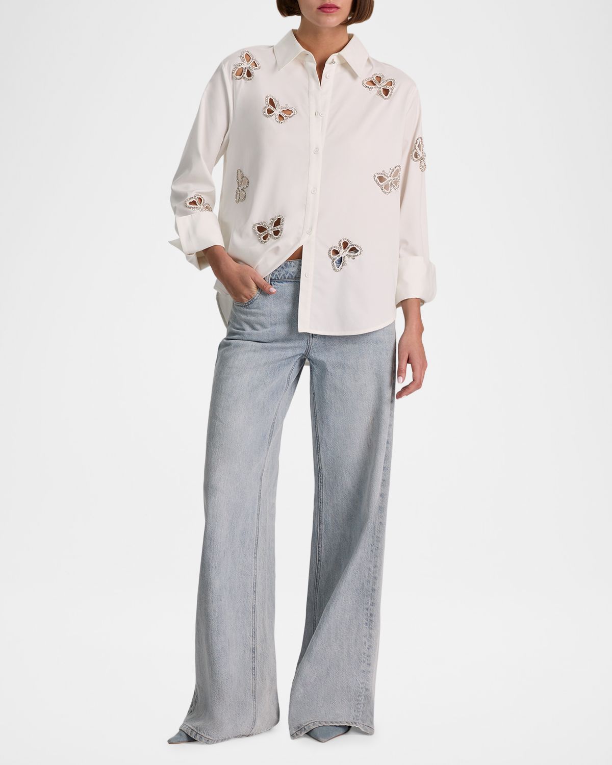 ALICE + OLIVIA Finely Embellished Cutout Button-Front Shirt