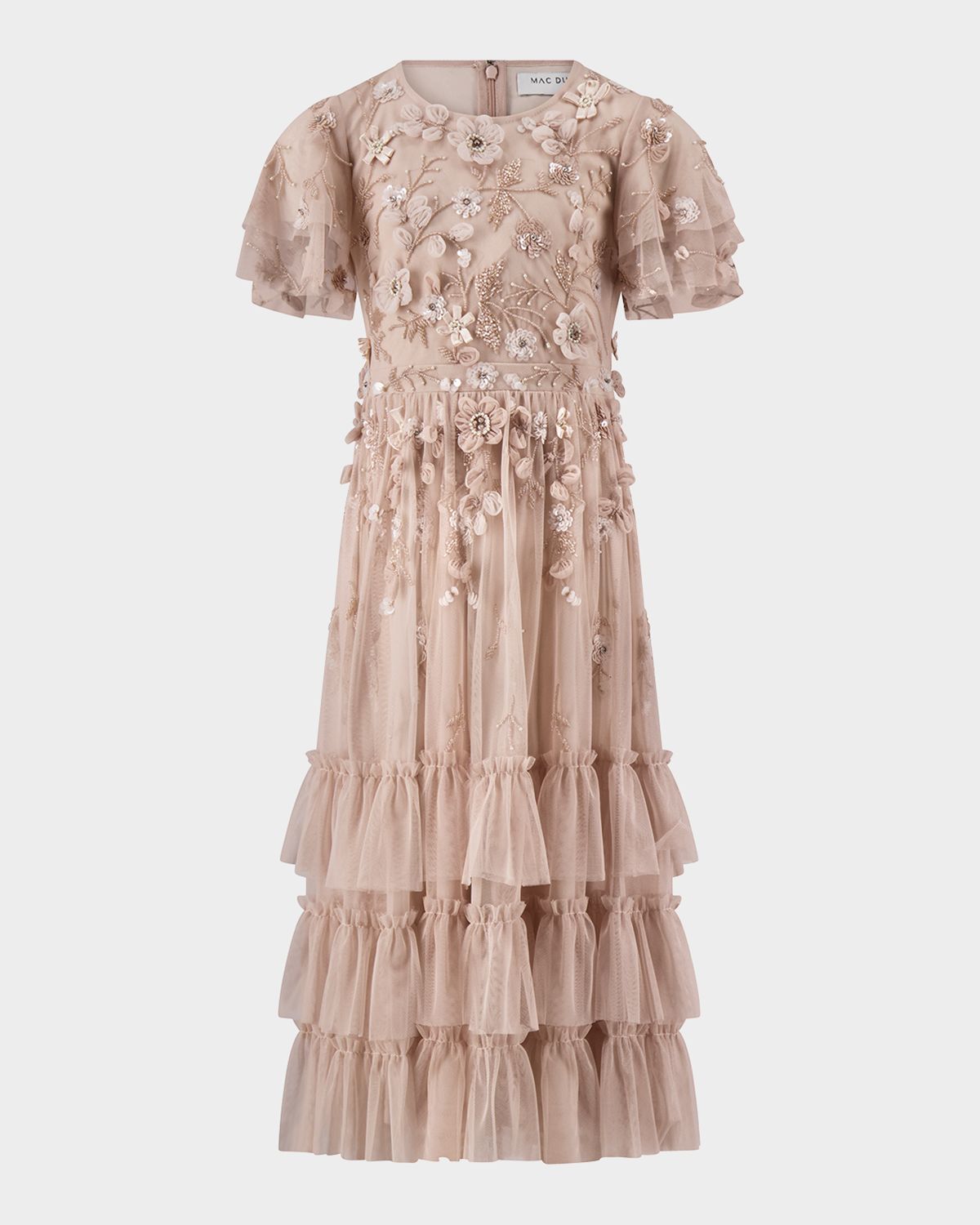 Mac Duggal Girl 's Embellished Flutter-Sleeve Ruffle Dress, Size 4-14