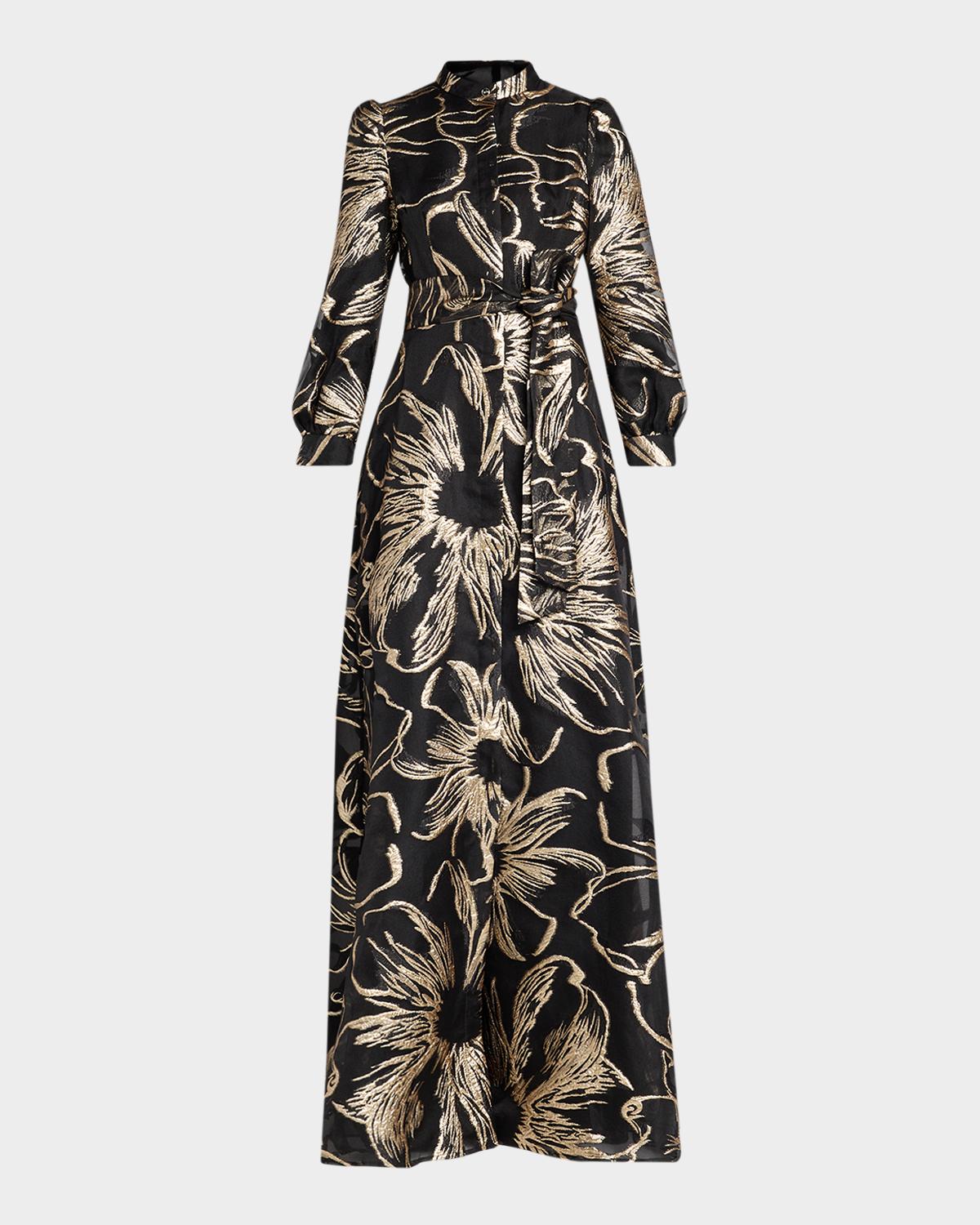 Floral Metallic Jacquard Organza Shirtwaist Gown Floral Metallic Jacquard Organza Shirtwaist Gown
