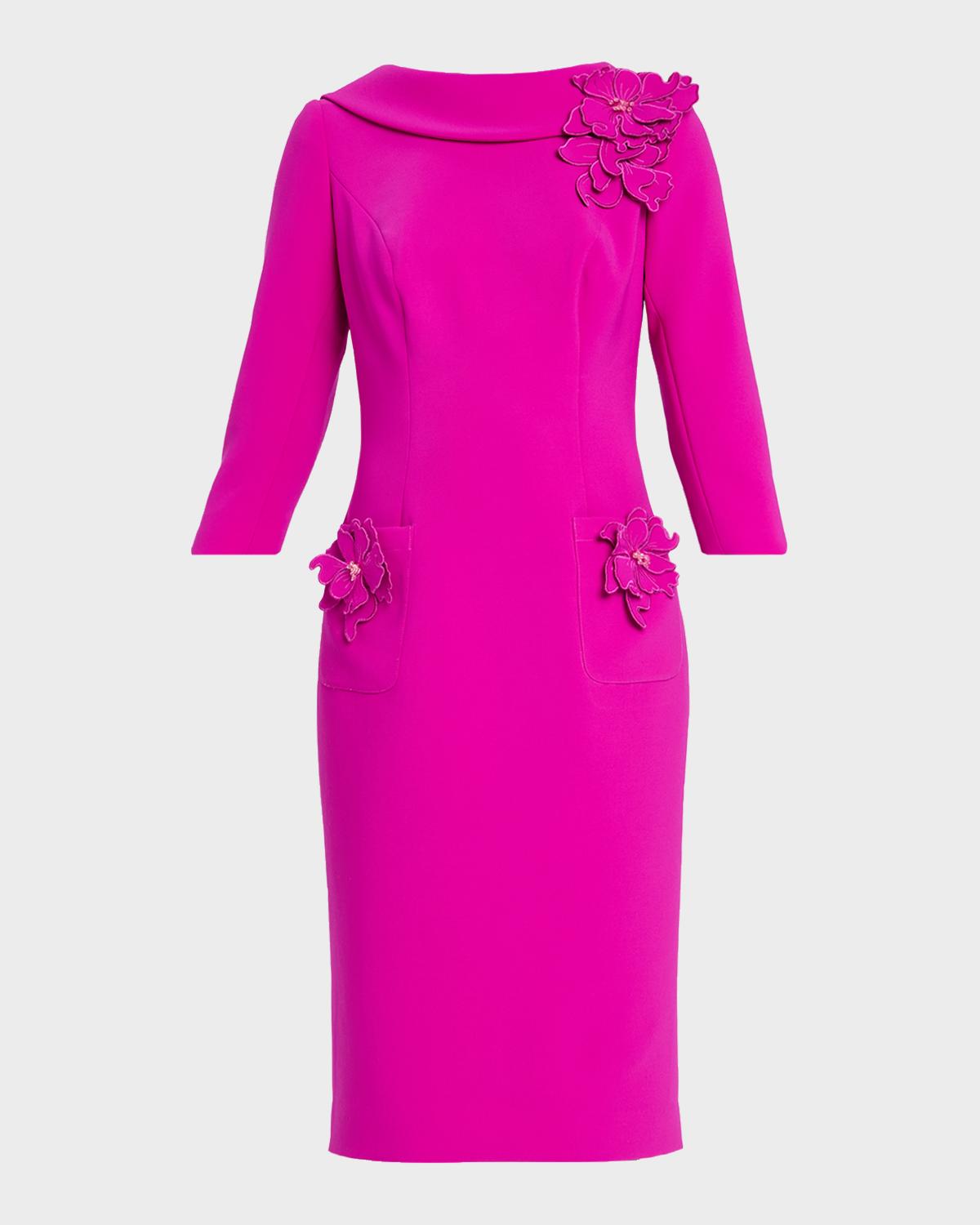 Roll-Neck Floral Applique Crepe Dress Roll-Neck Floral Applique Crepe Dress