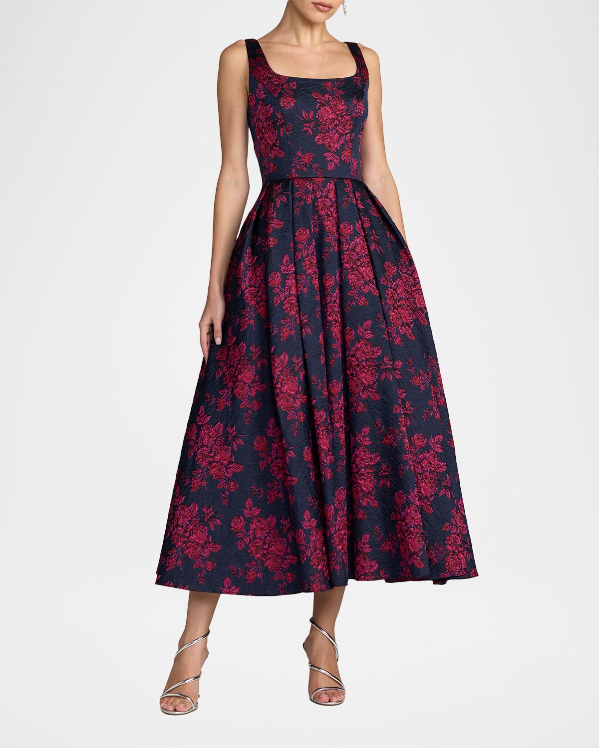Mac Duggal Pleated Square-Neck Floral Brocade Midi Dress | Thumbnail 2 Mac Duggal Pleated Square-Neck Floral Brocade Midi Dress | Thumbnail 2