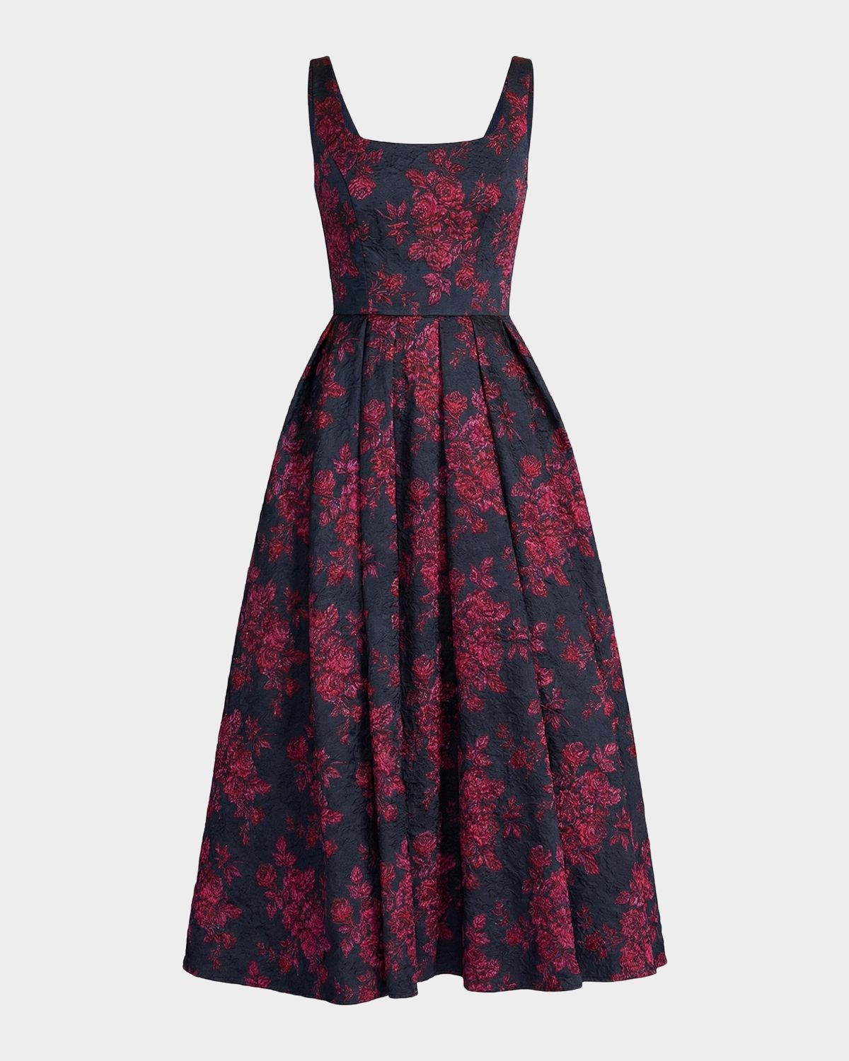 Mac Duggal Pleated Square-Neck Floral Brocade Midi Dress | Thumbnail 1 Mac Duggal Pleated Square-Neck Floral Brocade Midi Dress | Thumbnail 1