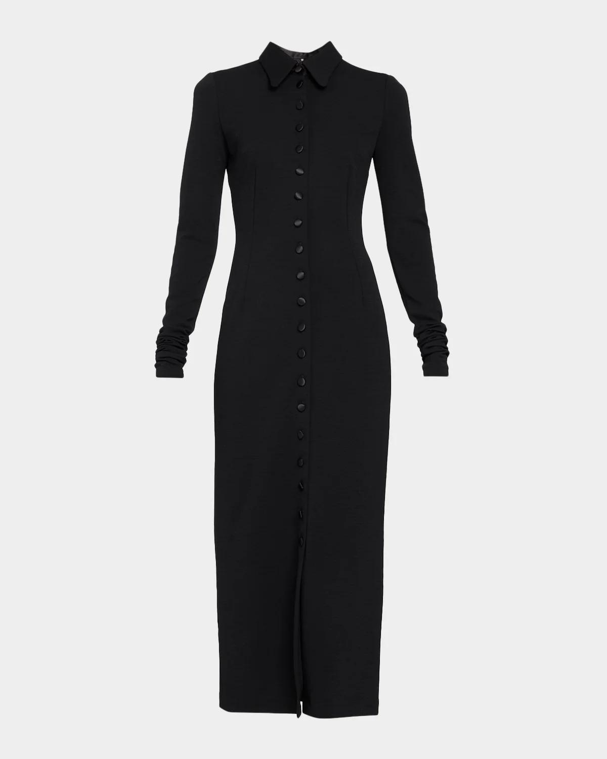 Satin Buttoned Wool-Blend Jersey Long-Sleeve Midi Dress Satin Buttoned Wool-Blend Jersey Long-Sleeve Midi Dress