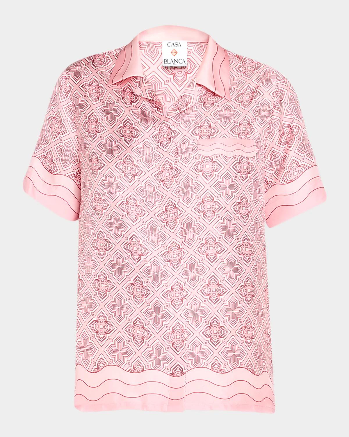 Casablanca Cuban-Collar Geo Print Silk Short-Sleeve Camp Shirt