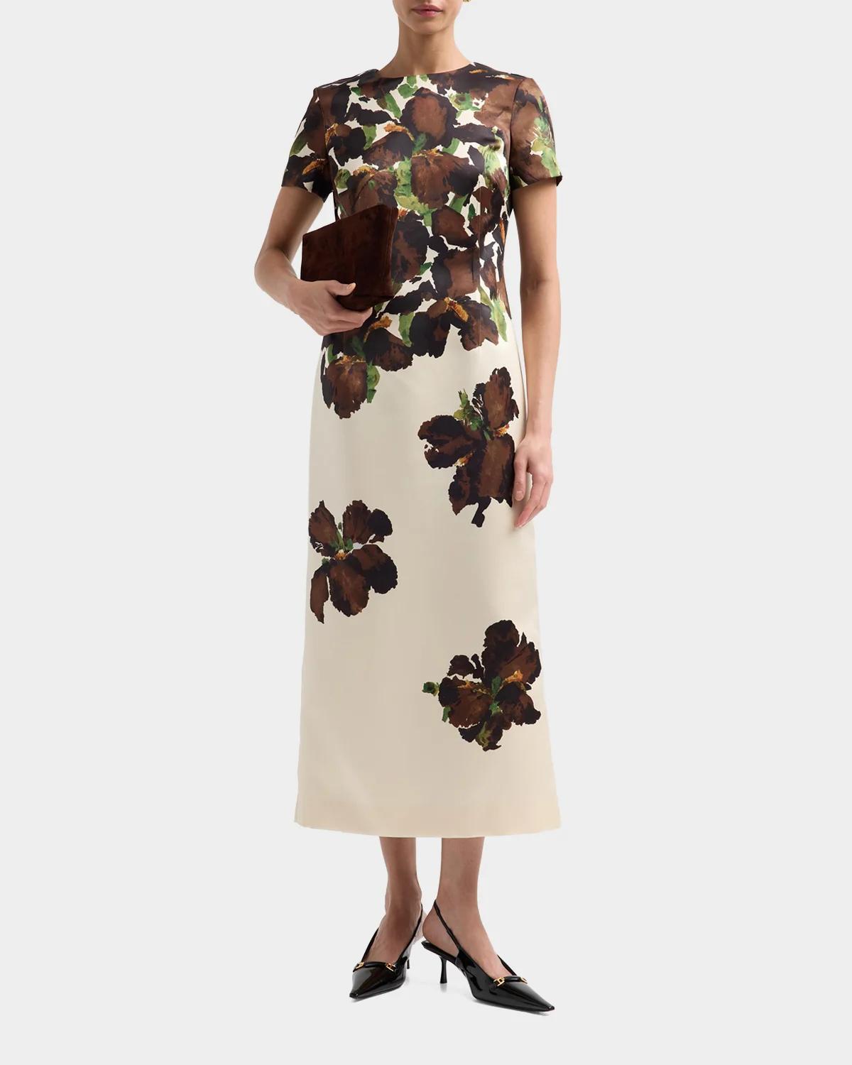 Oscar de la Renta Short-Sleeve Watercolor Iris Print Midi Dress | Thumbnail 2