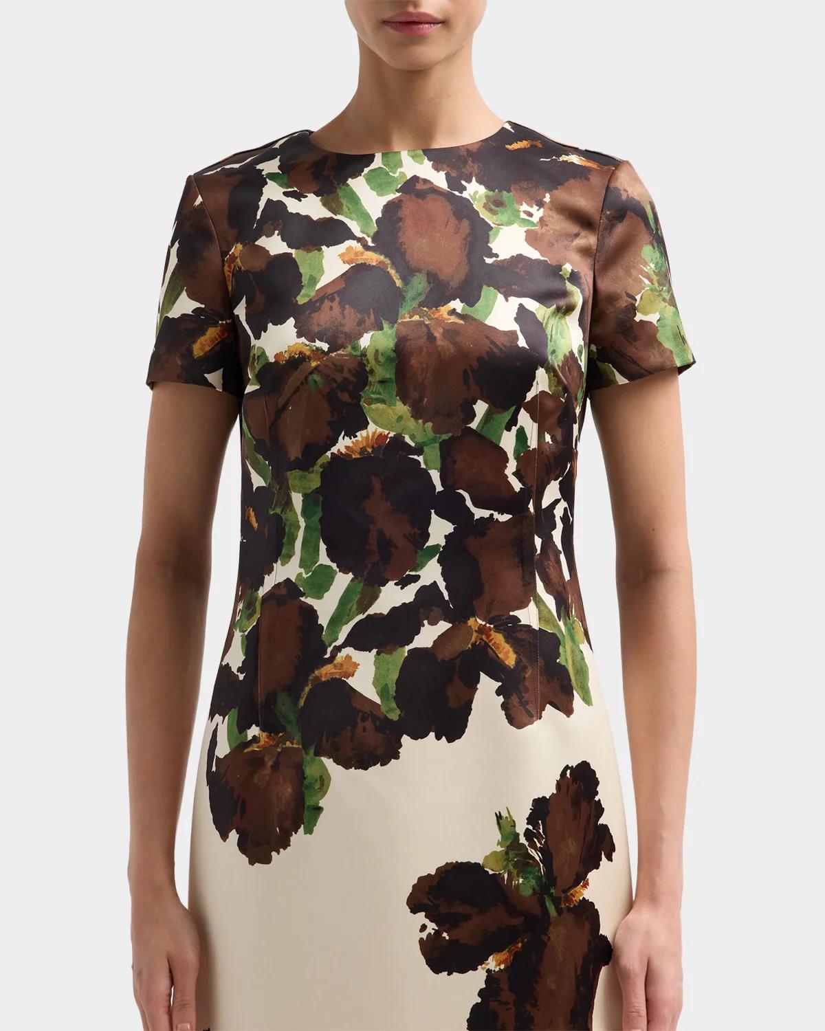 Oscar de la Renta Short-Sleeve Watercolor Iris Print Midi Dress | Thumbnail 3