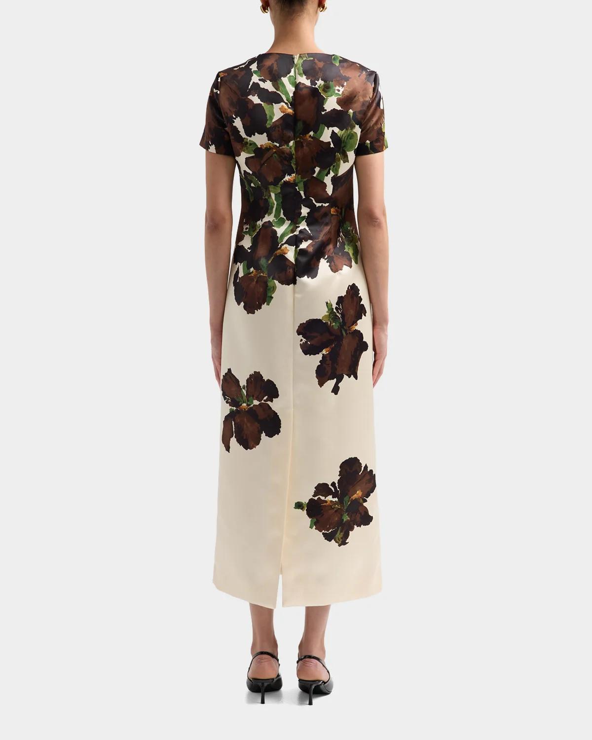Oscar de la Renta Short-Sleeve Watercolor Iris Print Midi Dress | Thumbnail 4