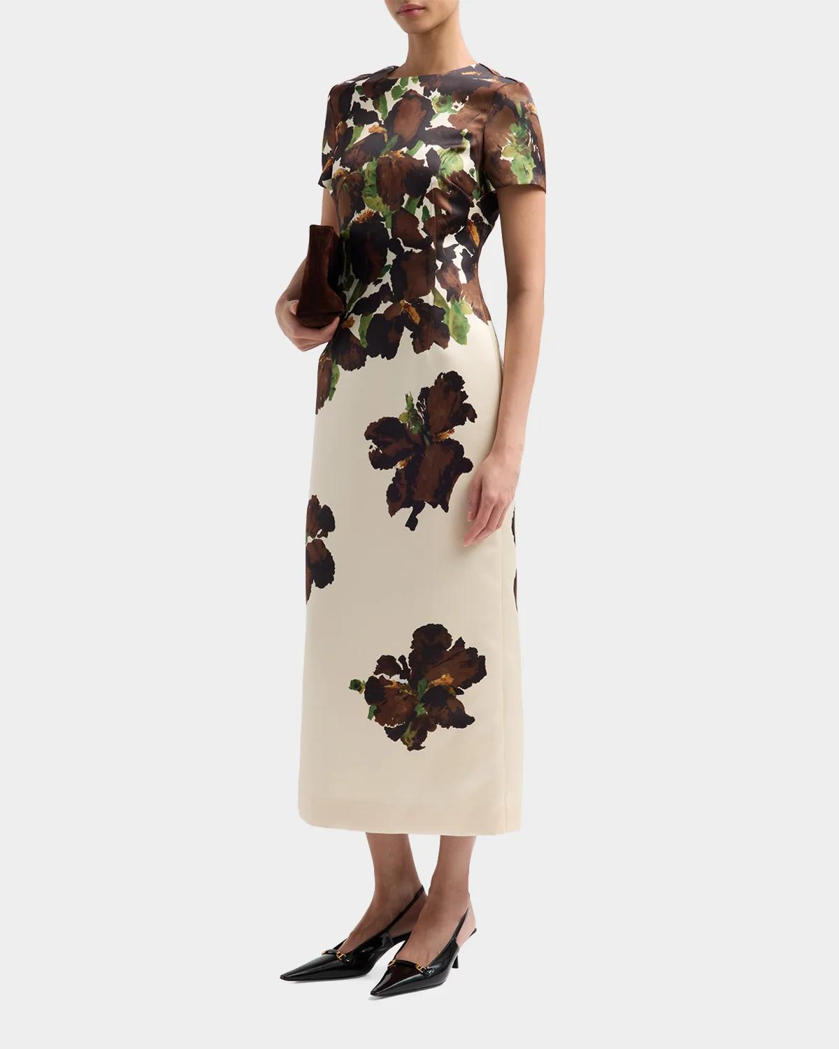 Oscar de la Renta Short-Sleeve Watercolor Iris Print Midi Dress | Thumbnail 6
