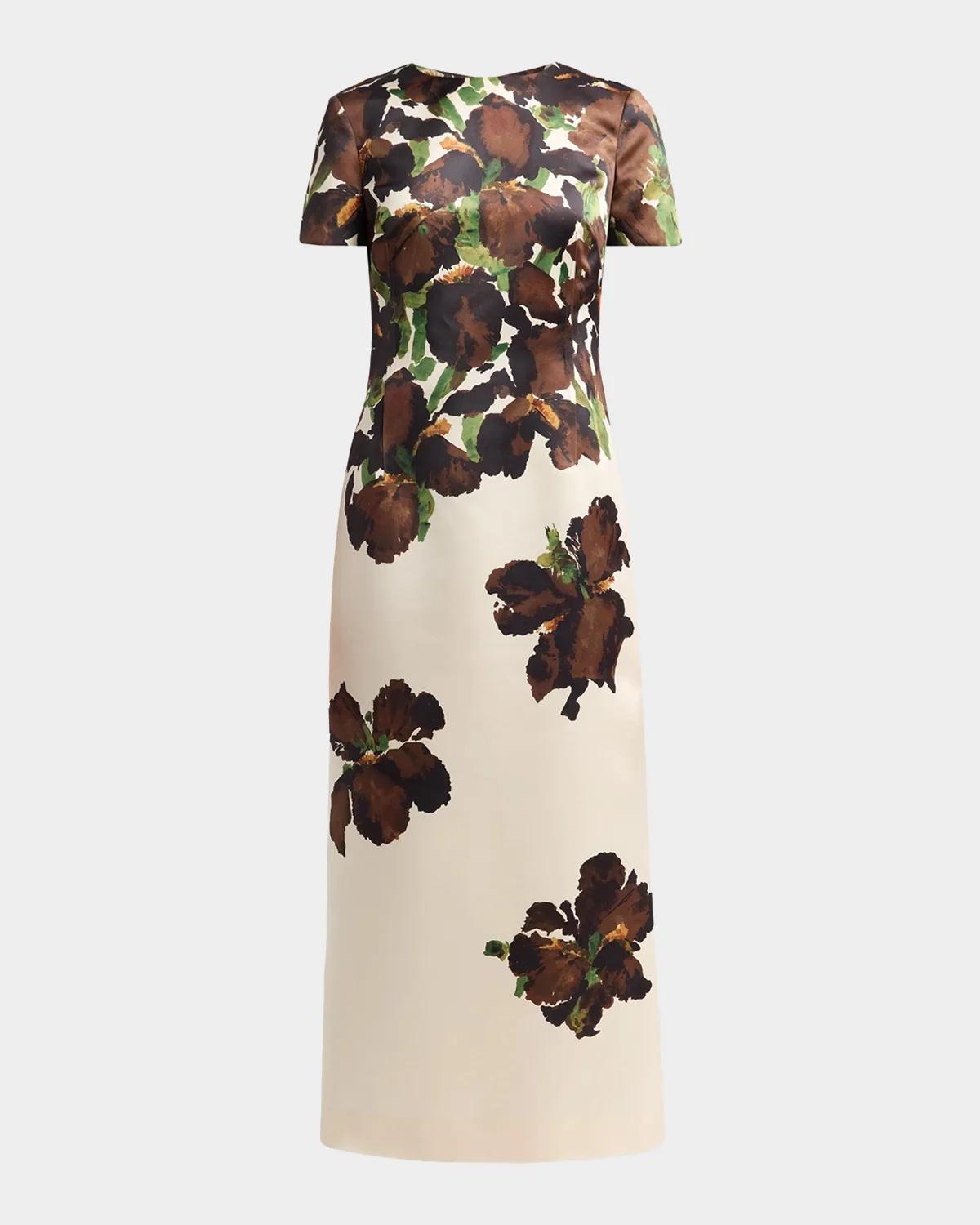 Short-Sleeve Watercolor Iris Print Midi Dress
