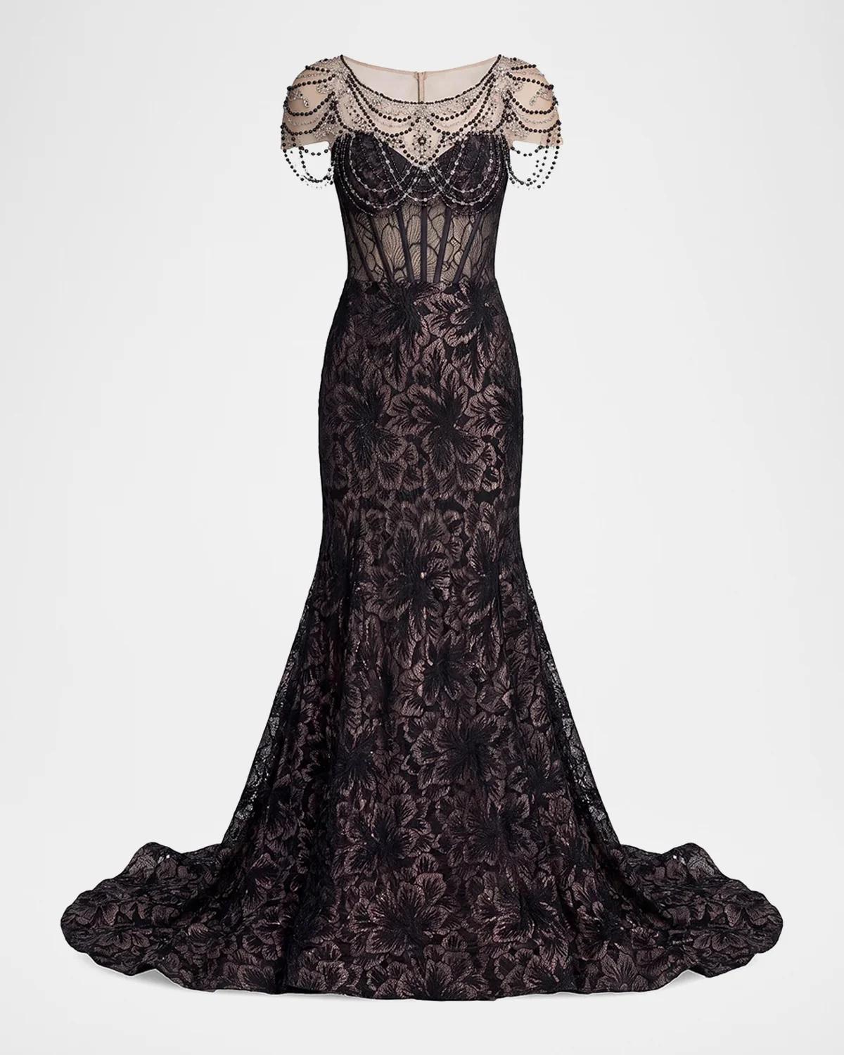 Embellished Lace Bustier Trumpet Gown