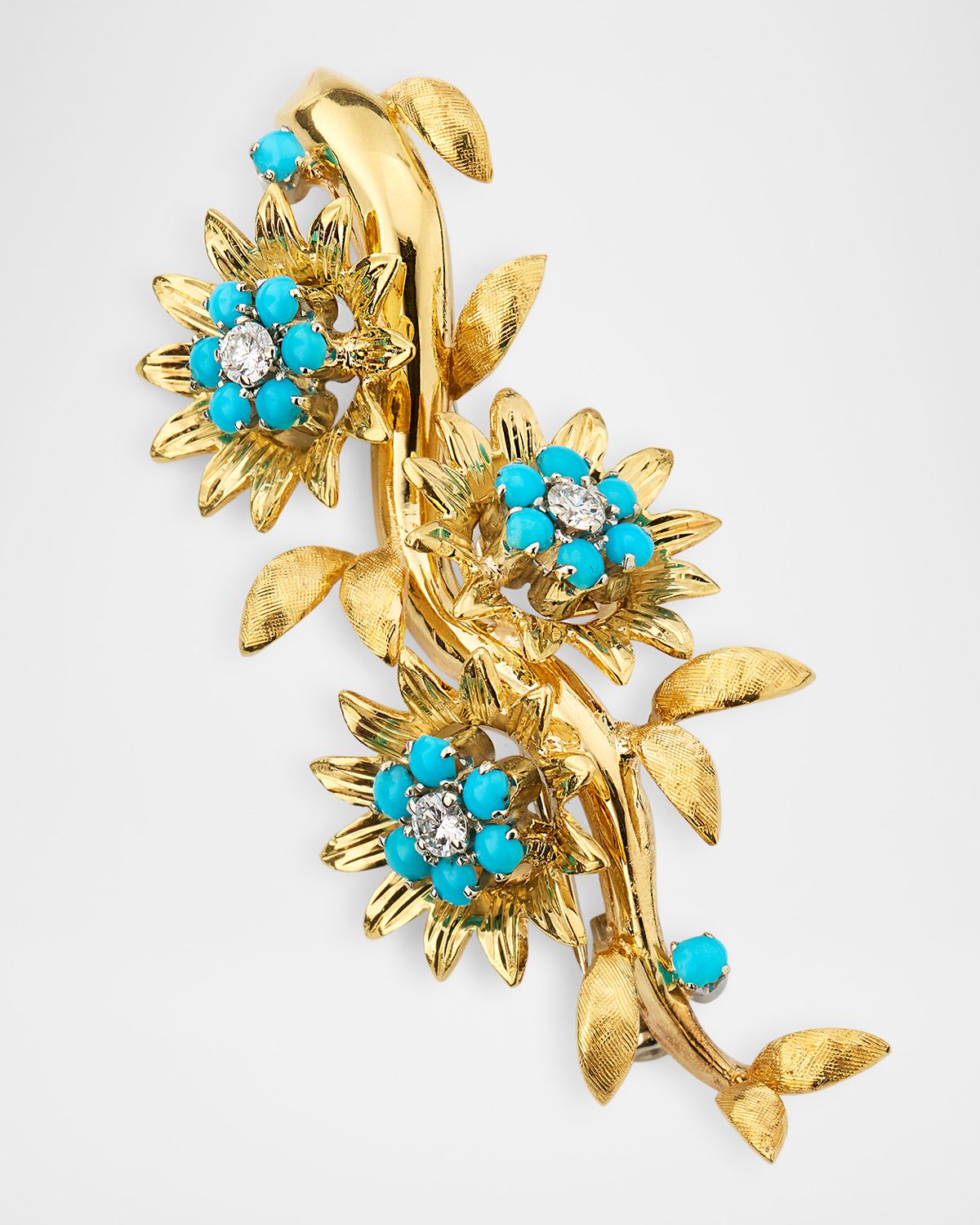 NM Estate Estate 18K Yellow Gold and Platinum Turquoise Floral Pin with Diamonds